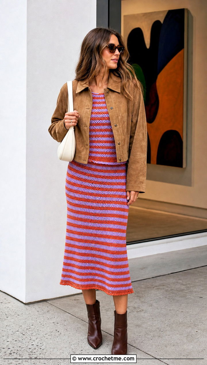 Striped Crochet Top And Bias Midi Skirt Set With Suede Jacket - 25 crochet top skirt set outfit ideas