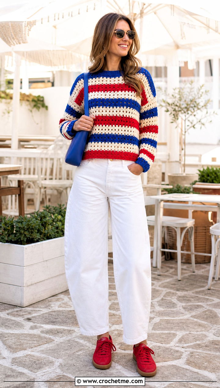 Striped Crochet Top Down Sweater With White Barrel Jeans - 15 Crochet Top Down Sweater outfit ideas