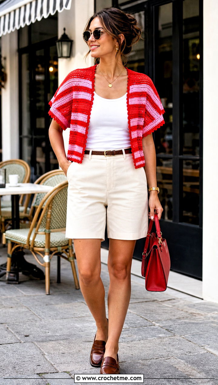 Striped Crochet Top Shrug With Bermuda Shorts - 30 crochet top shrug outfit ideas