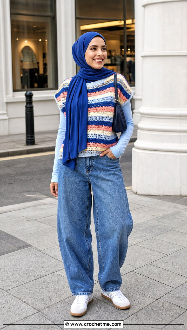 Striped Crochet Top With Barrel Leg Jeans - 20 crochet top hijabi outfit ideas