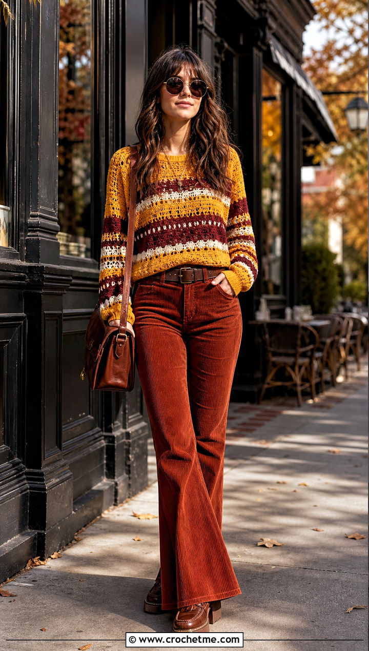 Striped Crochet Top With Corduroy Flares - 30 70s crochet top outfit ideas