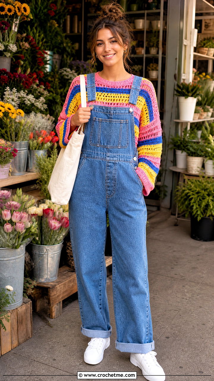 Striped Crochet Top With Denim Overalls - 35 aesthetic crochet top outfit ideas