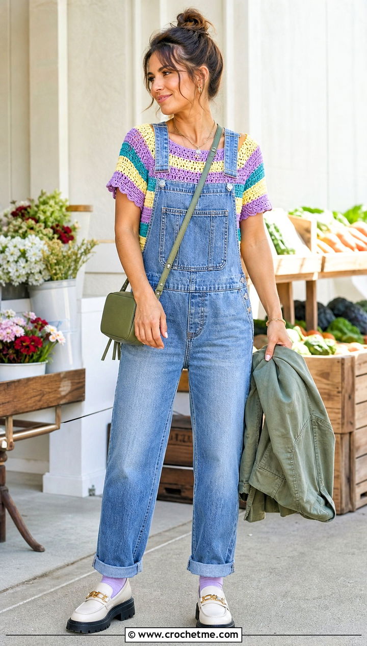 Striped Crochet Top With Denim Overalls - 30 crochet fall tops outfit ideas