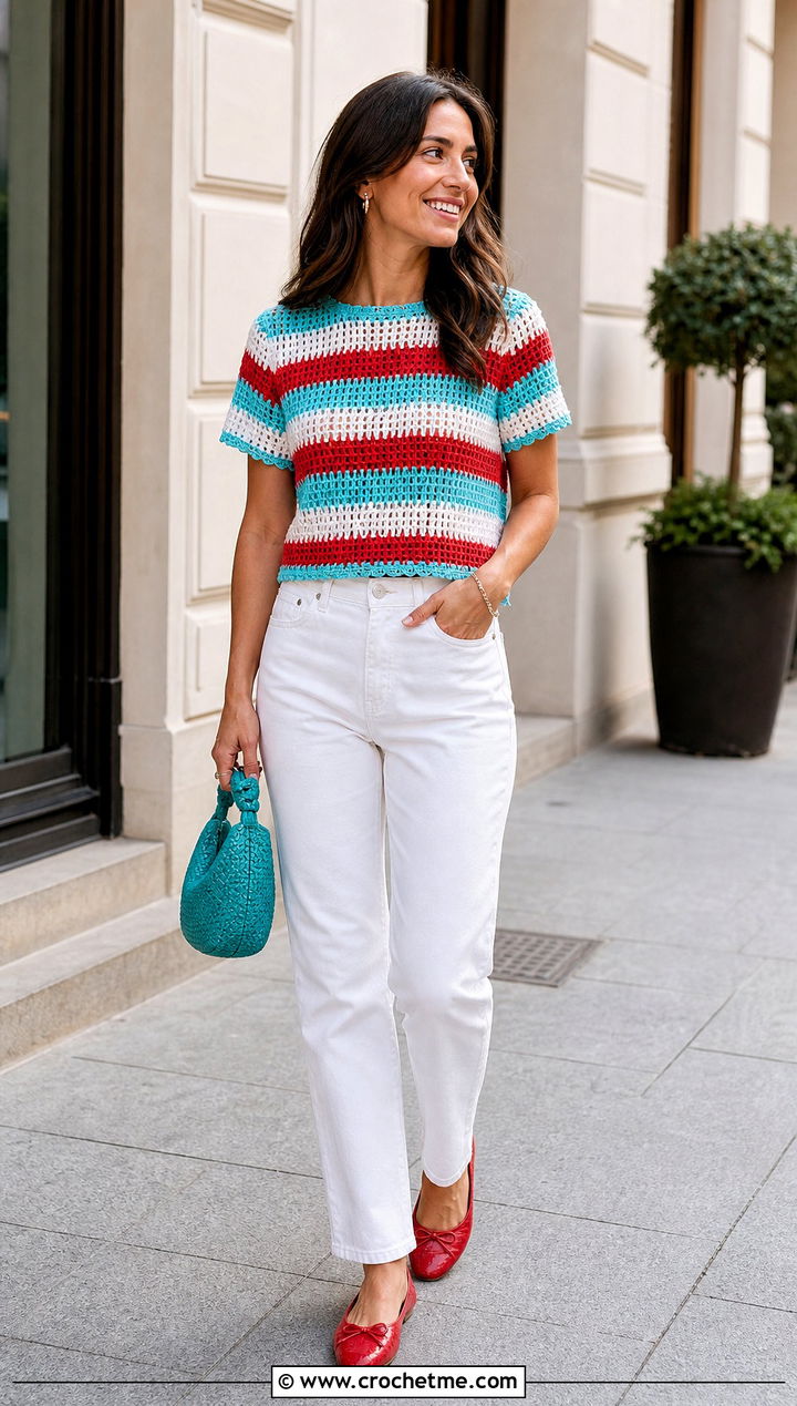 Striped Crochet Top With White Jeans - 30 crochet short sleeve top outfit ideas