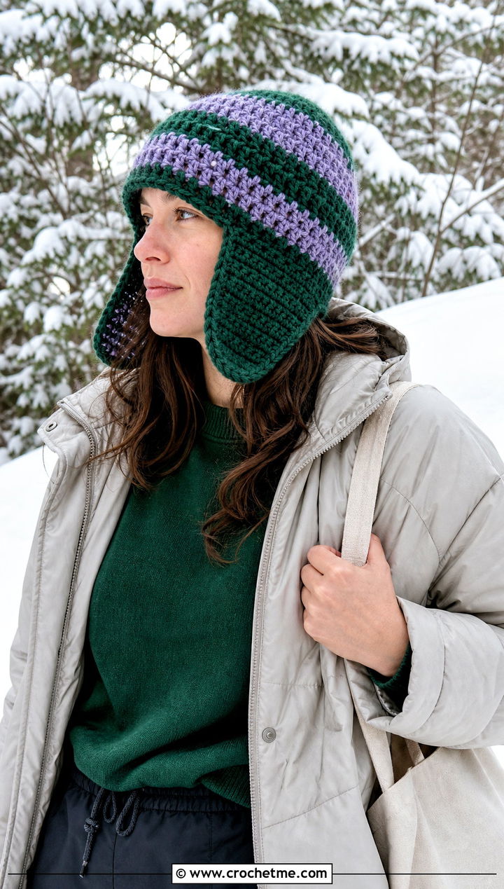 Striped Crochet Trapper Hat With Parka And Leggings - 25 striped crochet hat outfit ideas