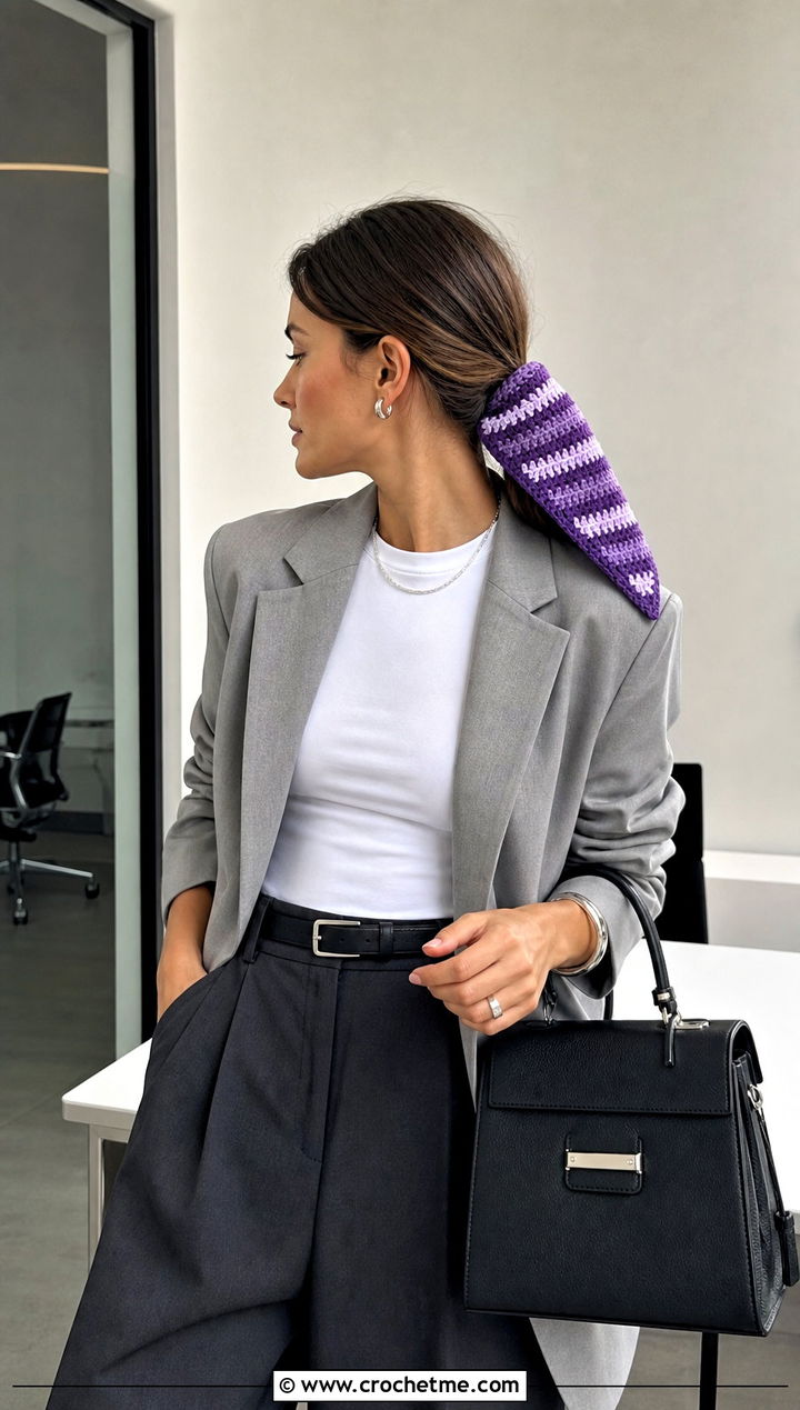 Striped Crochet Triangle Hair Scarf With Blazer And Wide Leg Trousers - 25 crochet triangle hair scarf outfit ideas