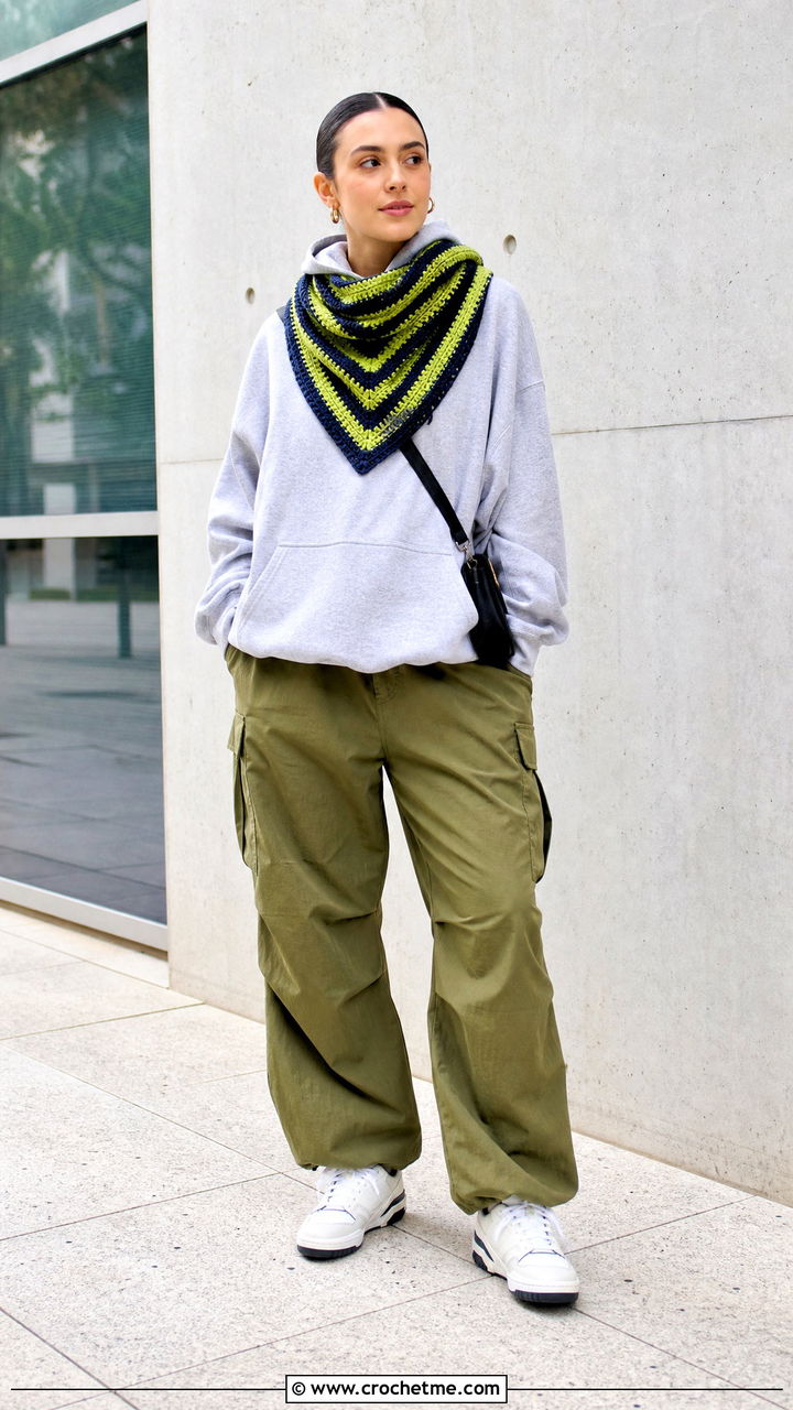 Striped Crochet Triangle Scarf With Hoodie And Cargo Pants - 35 crochet triangle scarf outfit ideas