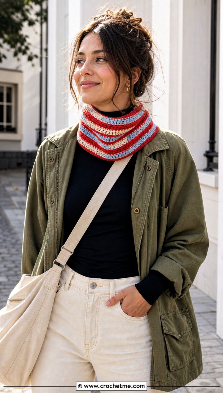 Striped Crochet Tube Scarf With Utility Jacket - 20 Crochet Tube Scarf outfit ideas