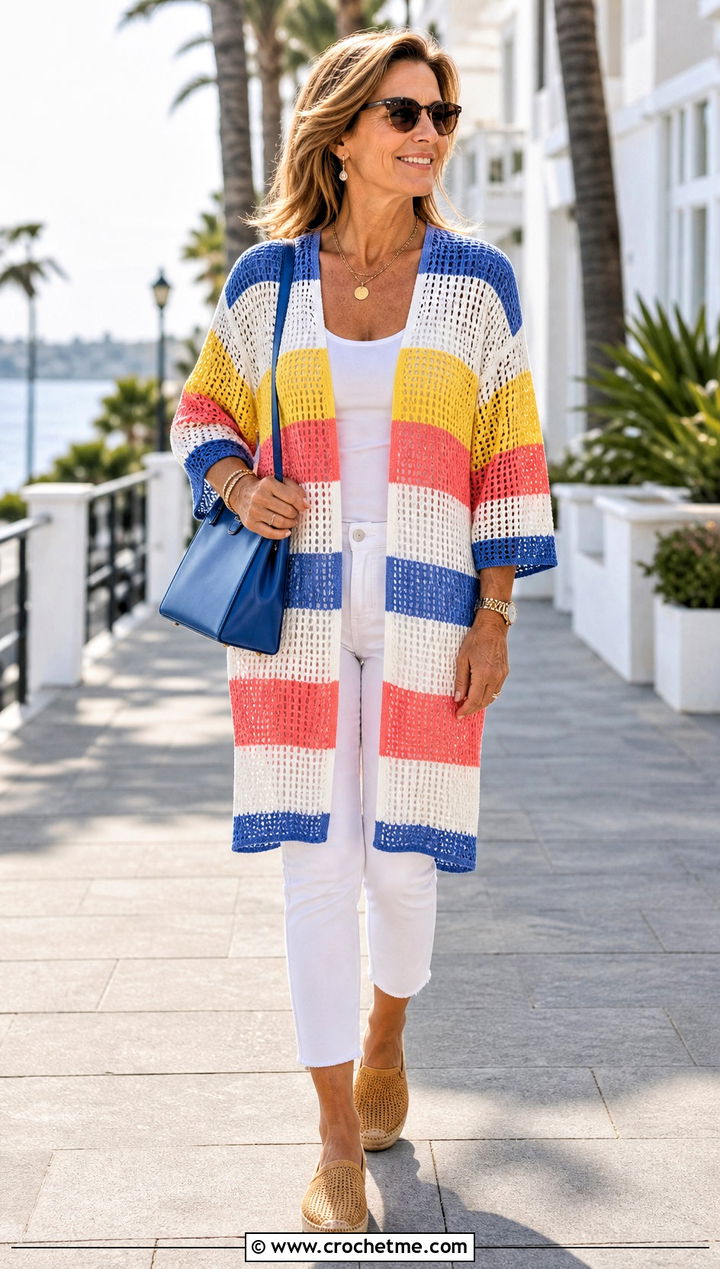 Striped Crochet Tunic Cover Up With White Jeans - 15 crochet tunic cover up outfit ideas