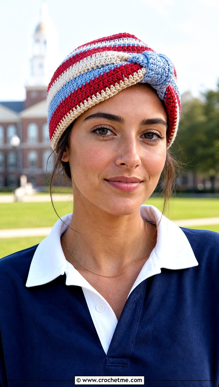 Striped Crochet Turban Hat With Rugby Shirt And Bermuda Shorts - 35 crochet turban hat outfit ideas