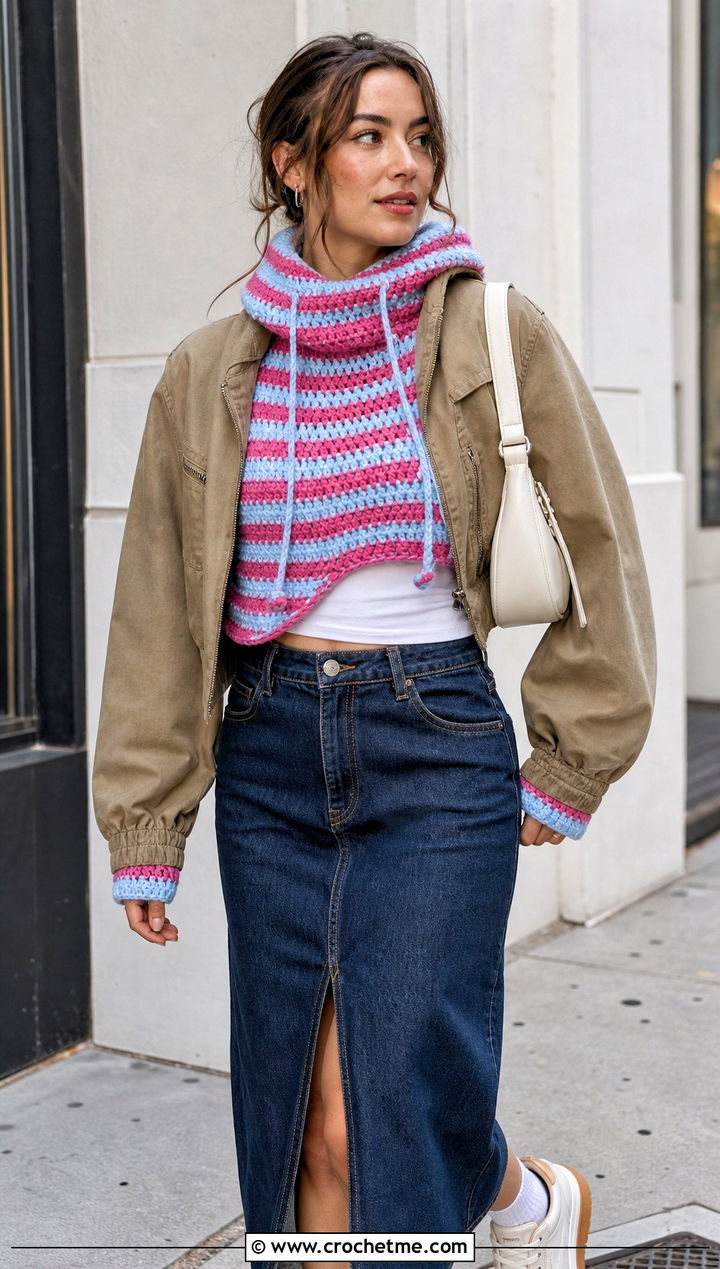 Striped Crochet Turtle Neck Hoodie With Denim Midi Skirt - 30 crochet turtle neck hoodie outfit ideas