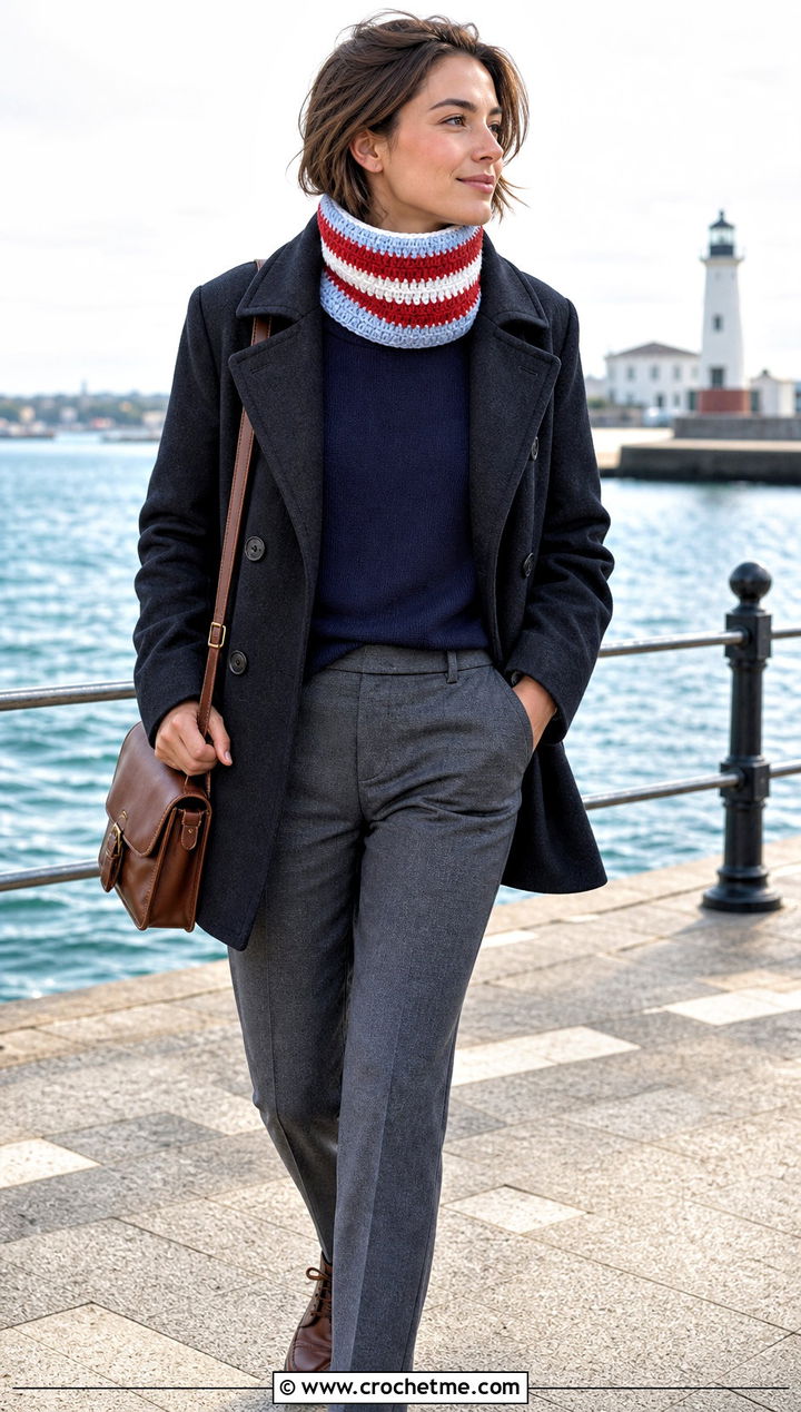 Striped Crochet Turtleneck Cowl With Peacoat - 25 Crochet Turtleneck Cowl outfit ideas