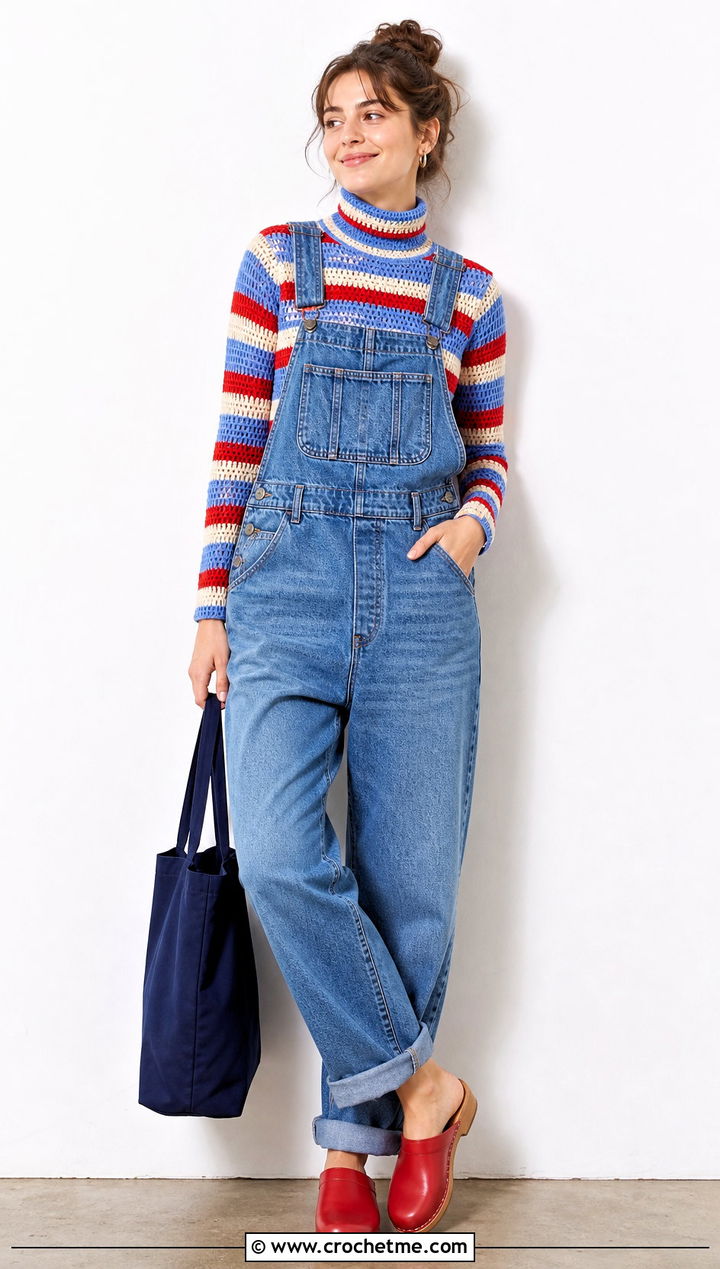 Striped Crochet Turtleneck Top With Denim Overalls - 35 crochet high neck top outfit ideas