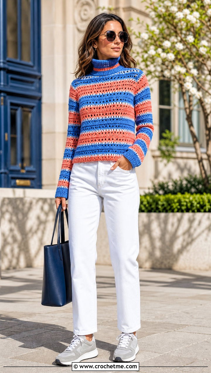 Striped Crochet Turtleneck Top With White Jeans - 30 crochet turtleneck top outfit ideas
