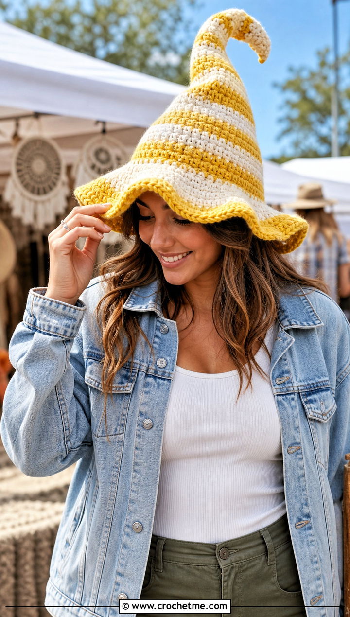 Striped Crochet Twisted Witch Hat With Denim Jacket - 25 crochet twisted witch hat outfit ideas