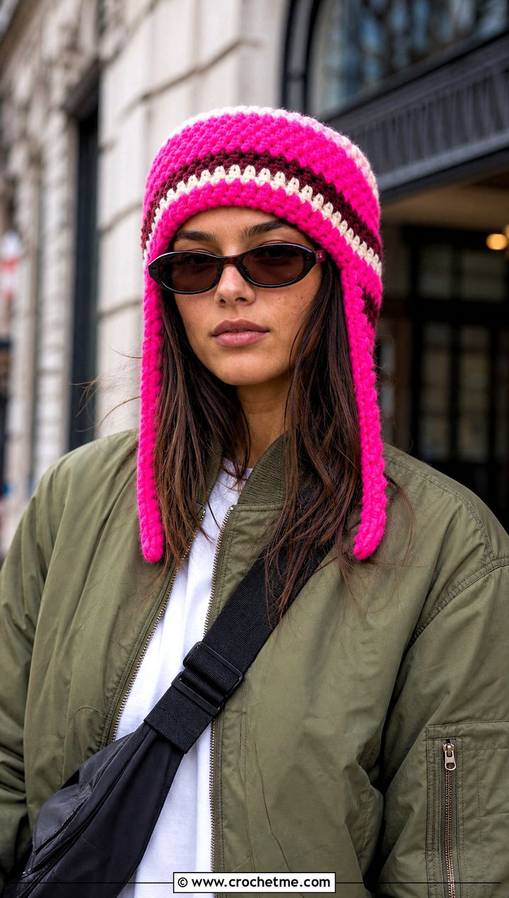 Striped Crochet Ushanka Hat With Bomber Jacket - 30 crochet ushanka hat outfit ideas