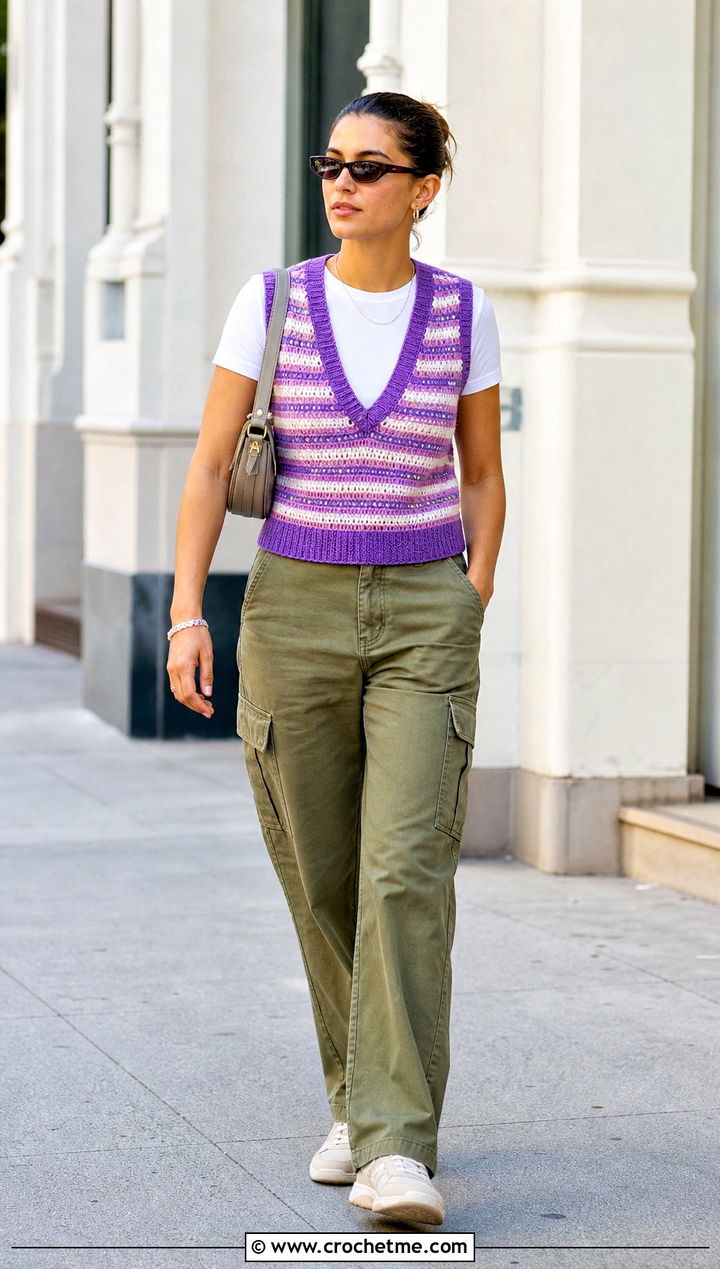 Striped Crochet V Neck Vest With Utility Cargo Pants - 30 crochet v neck vest outfit ideas