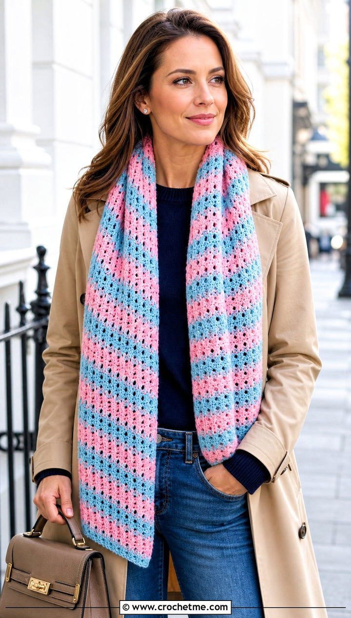 Striped Crochet V Stitch Scarf With Trench Coat - 30 crochet v stitch scarf outfit ideas