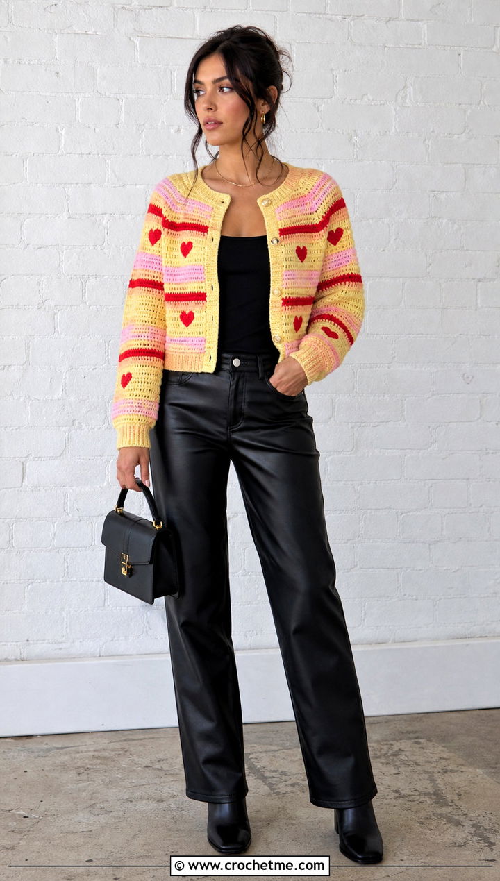 Striped Crochet Valentine Sweater With Leather Pants - 25 crochet valentine sweater outfit ideas