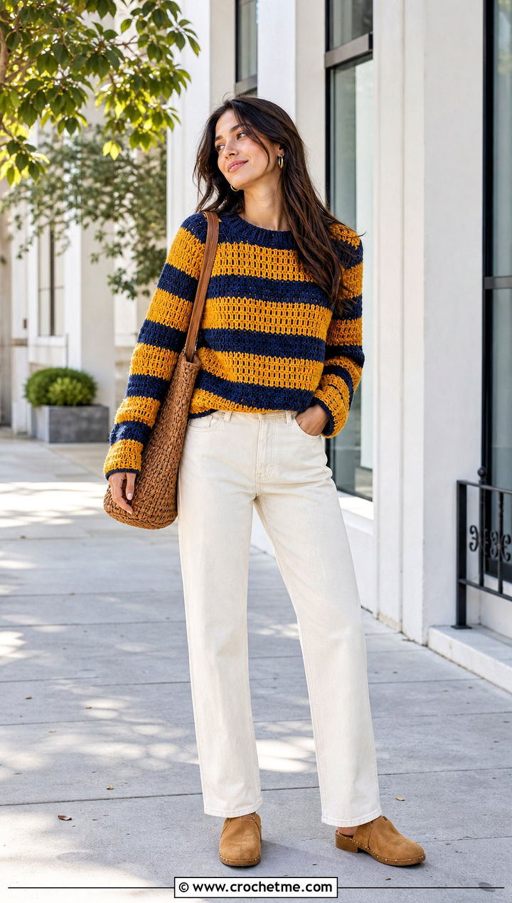 Striped Crochet Velvet Sweater With Ecru Jeans - 20 Crochet Velvet Sweater outfit ideas