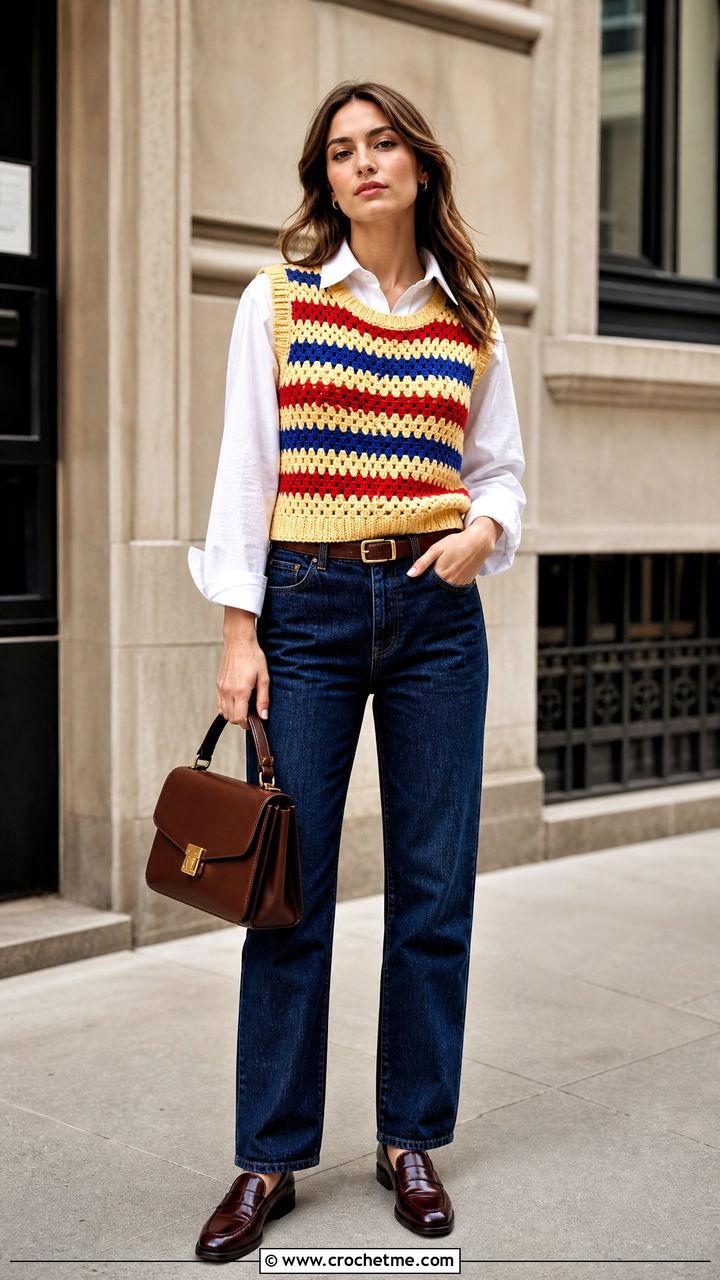 Striped Crochet Vest Top With White Shirt And Jeans - 35 striped crochet top outfit ideas