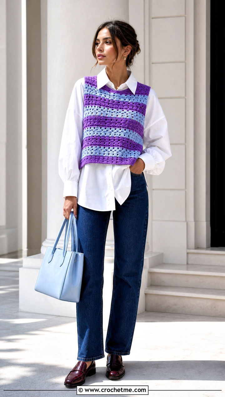 Striped Crochet Vest Top With White Shirt - 35 crochet striped top outfit ideas