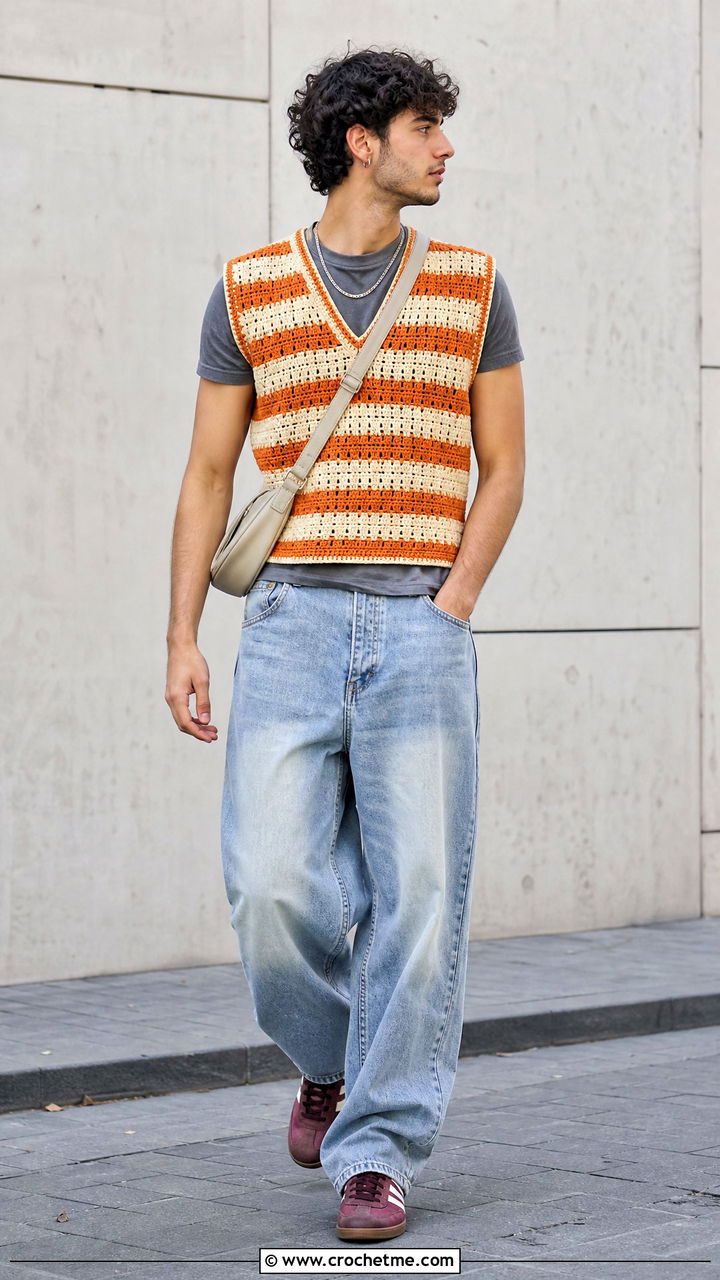 Striped Crochet Vest With Baggy Jeans - 35 crochet outfits for men outfit ideas
