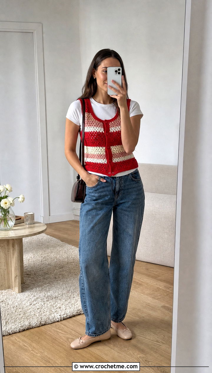 Striped Crochet Vest With Barrel Jeans - 25 Easy Crochet Vest For Beginners outfit ideas