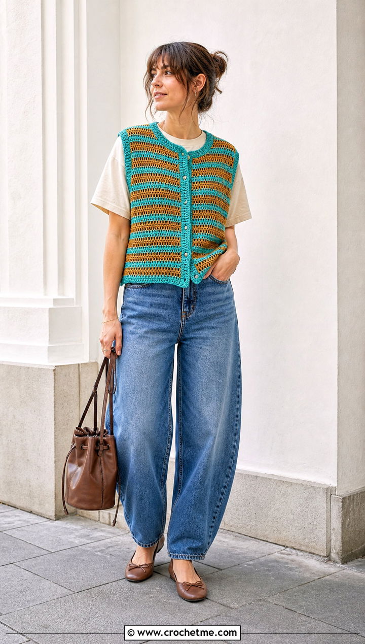 Striped Crochet Vest With Barrel Jeans - 35 crochet vest ideas
