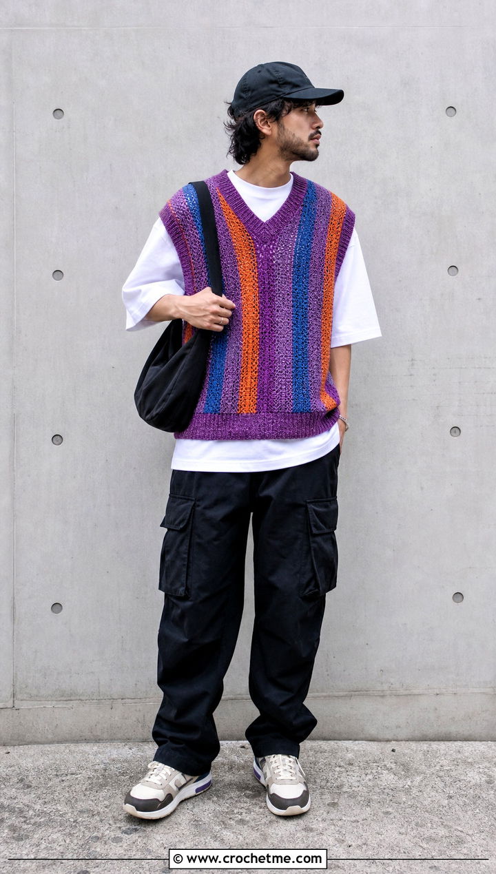 Striped Crochet Vest With Black Cargo Pants - 30 men's crochet vest outfit ideas