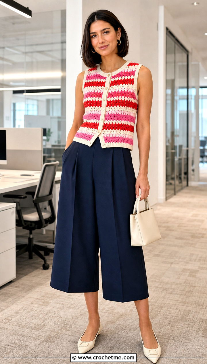Striped Crochet Vest With Culottes - 35 crochet vest outfits for women outfit ideas