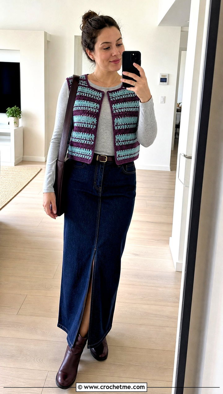 Striped Crochet Vest With Denim Maxi Skirt - 15 Crochet Fall Vest outfit ideas