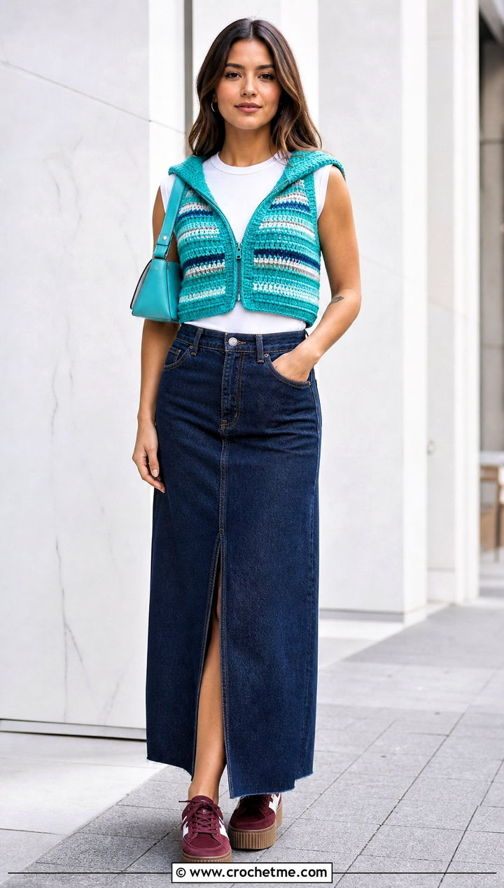 Striped Crochet Vest With Hood And Denim Maxi Skirt - 30 crochet vest with hood outfit ideas