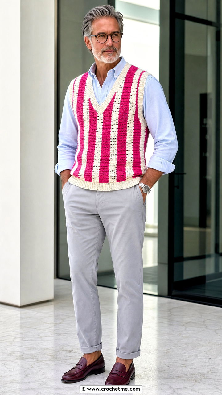 Striped Crochet Vest With Oxford Shirt And Chinos - 35 crochet vest for men outfit ideas