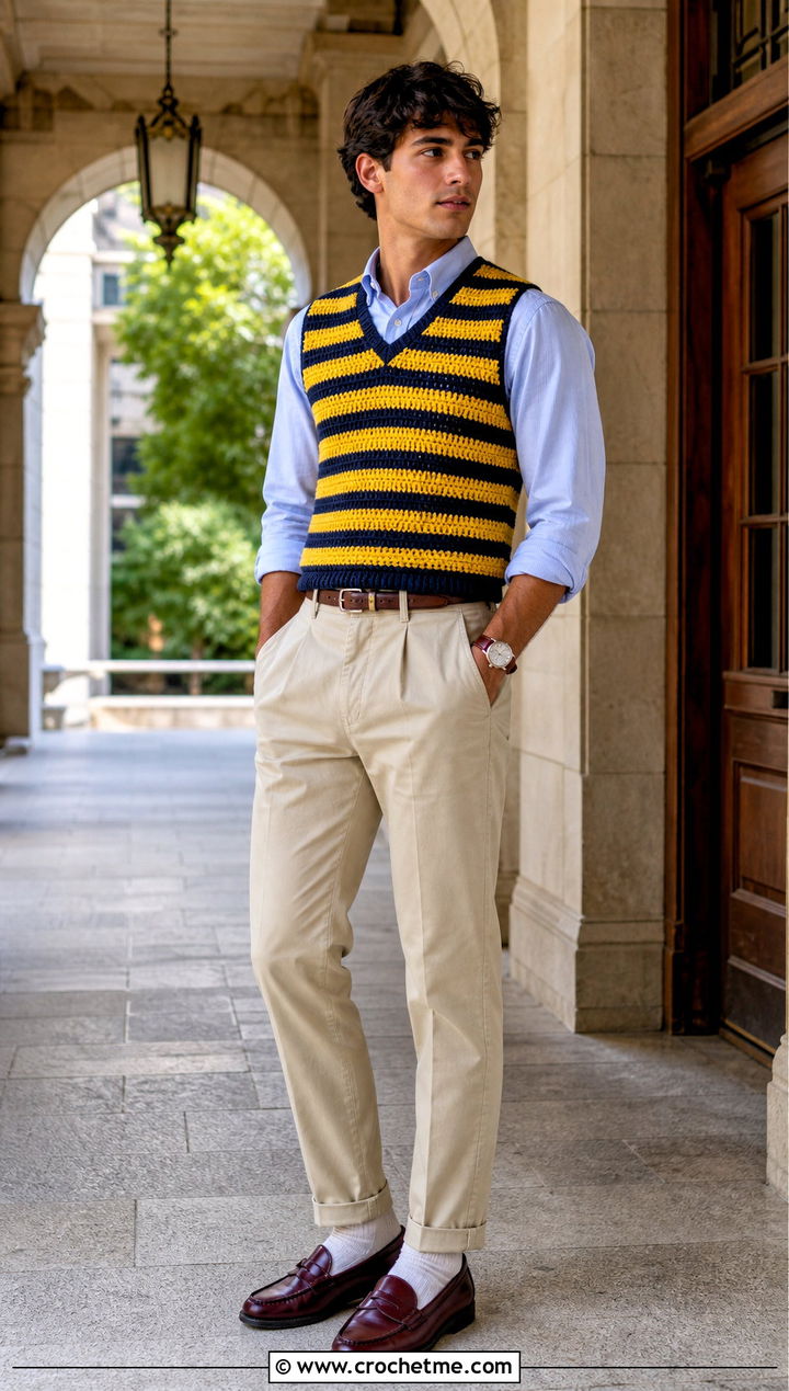 Striped Crochet Vest With Oxford Shirt And Chinos - 30 mens crochet vest outfit ideas