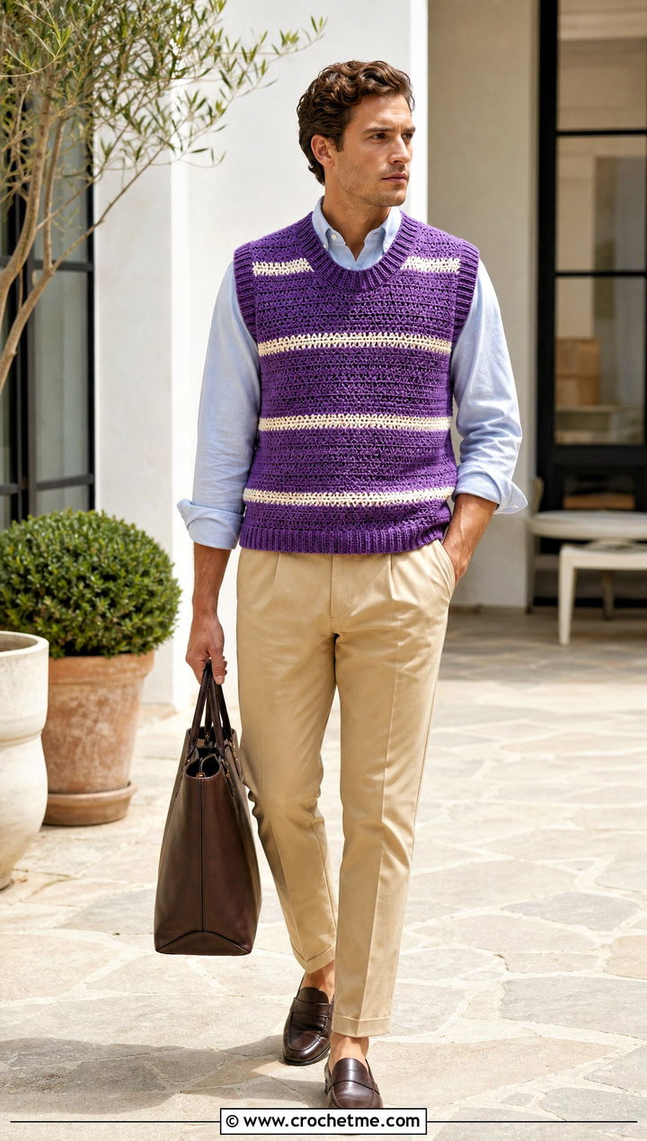 Striped Crochet Vest With Oxford Shirt - 25 crochet men's clothes and outfit ideas