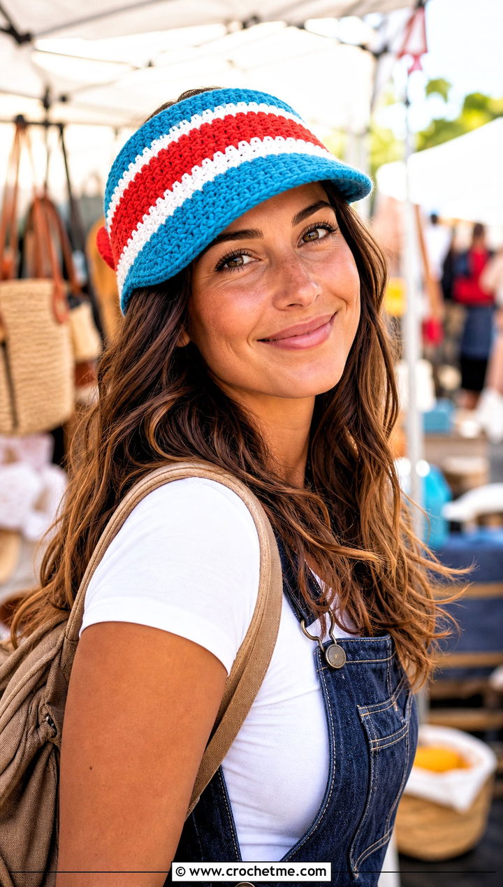 Striped Crochet Visor Hat With White Tee And Overalls - 30 crochet visor hat outfit ideas
