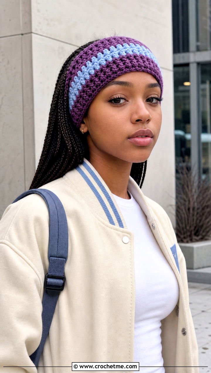 Striped Crochet Winter Headband With Varsity Jacket - 15 crochet winter head band outfit ideas