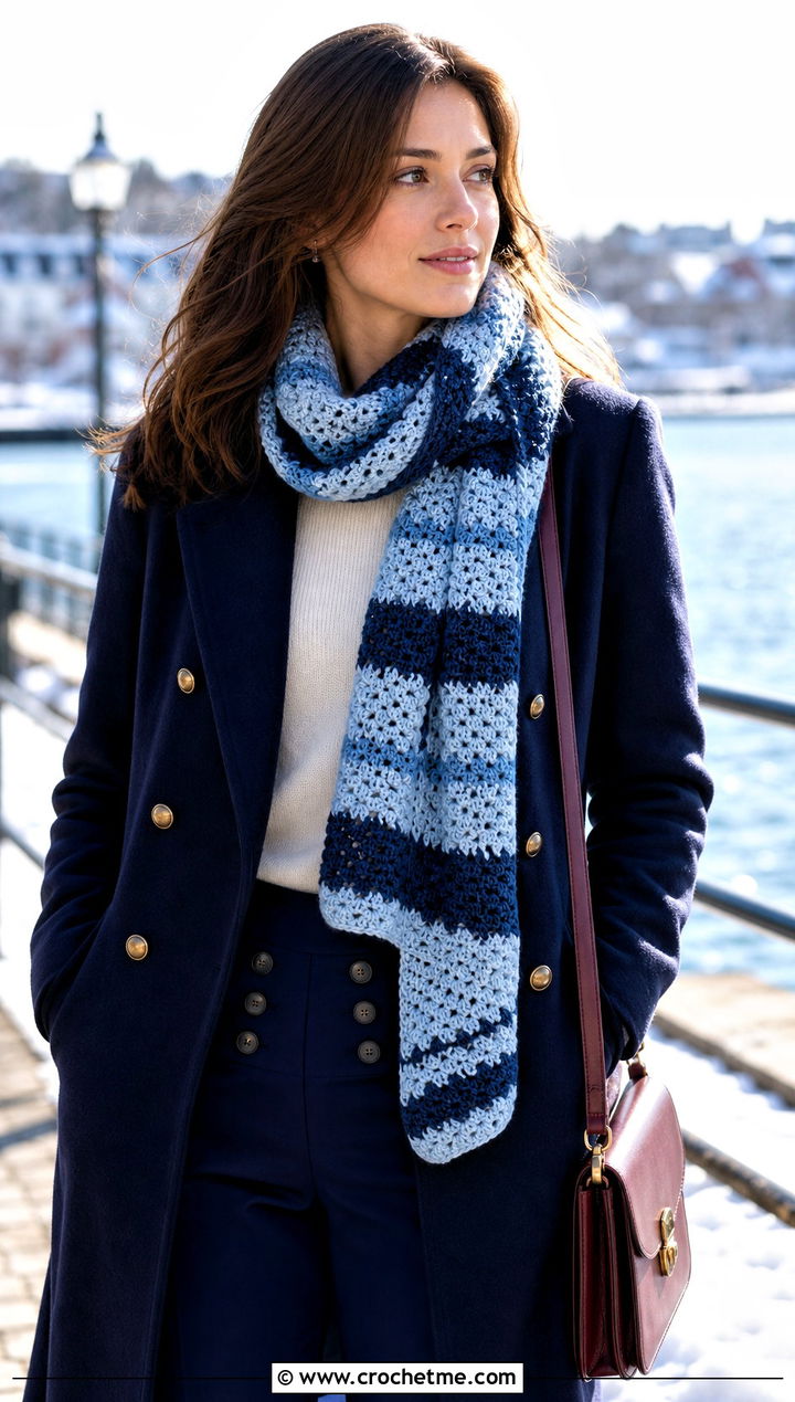 Striped Crochet Winter Scarf With Peacoat - 35 crochet winter scarf outfit ideas