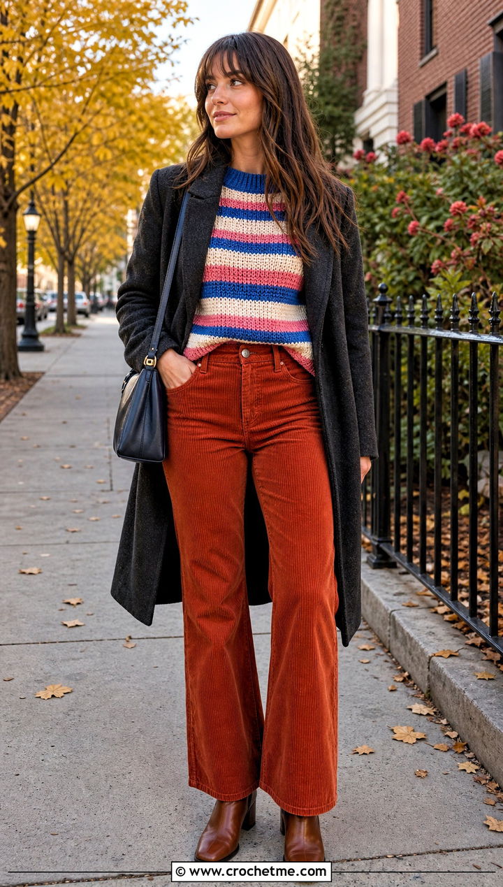 Striped Crochet Wool Top With Corduroy Pants - 35 crochet wool top outfit ideas