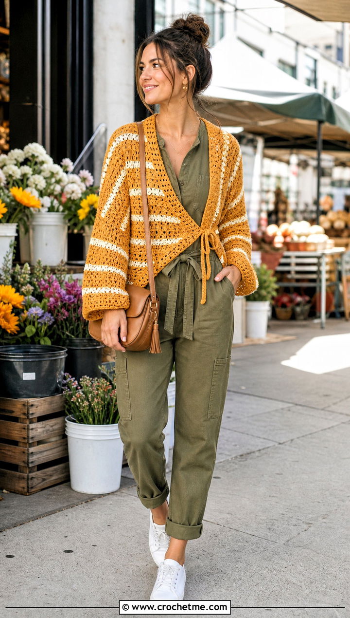 Striped Crochet Wrap Sweater With Utility Jumpsuit - 35 crochet wrap sweater outfit ideas