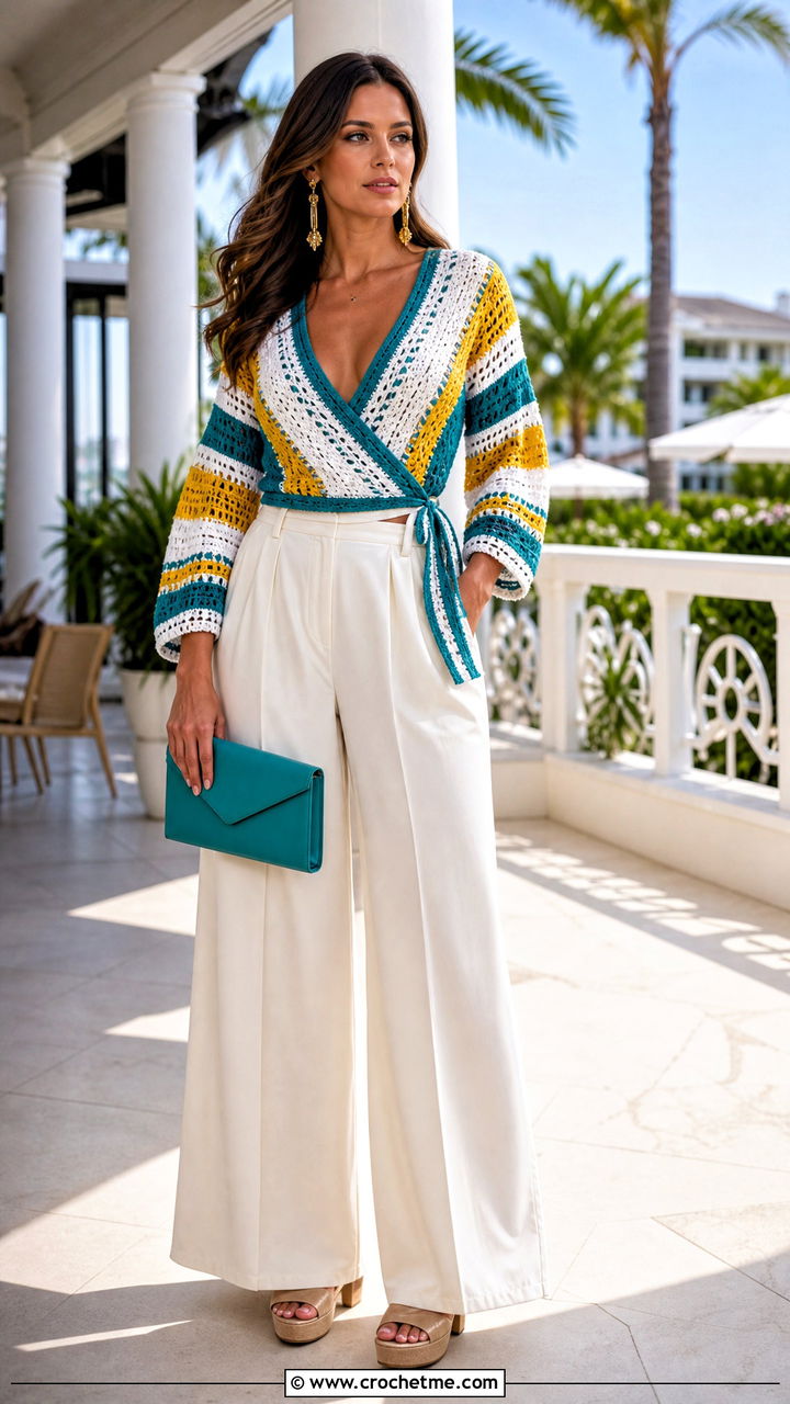 Striped Crochet Wrap Top With Palazzo Pants - 35 striped crochet top outfit ideas