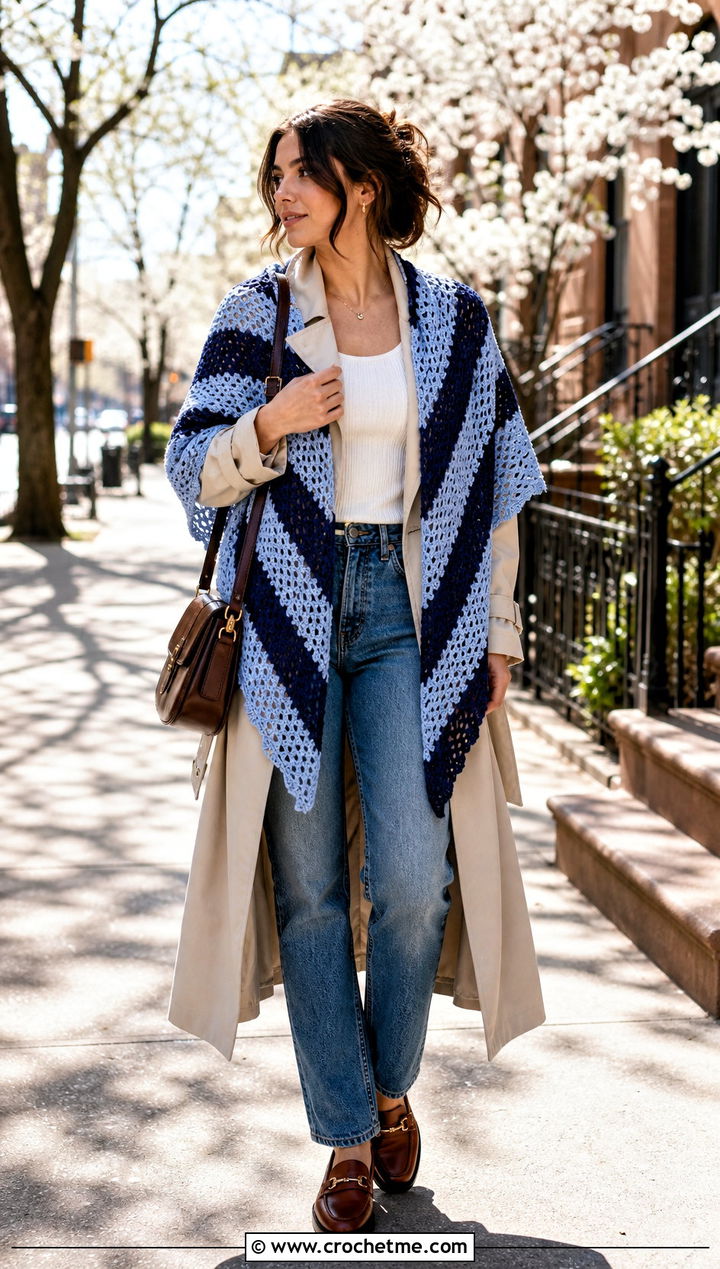 Striped Crochet Wrap With Trench Coat And Straight Jeans - 30 simple crochet shawls and wraps outfit ideas