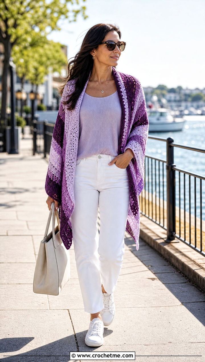 Striped Crochet Wrap With White Jeans - 30 crochet shawl wraps outfit ideas
