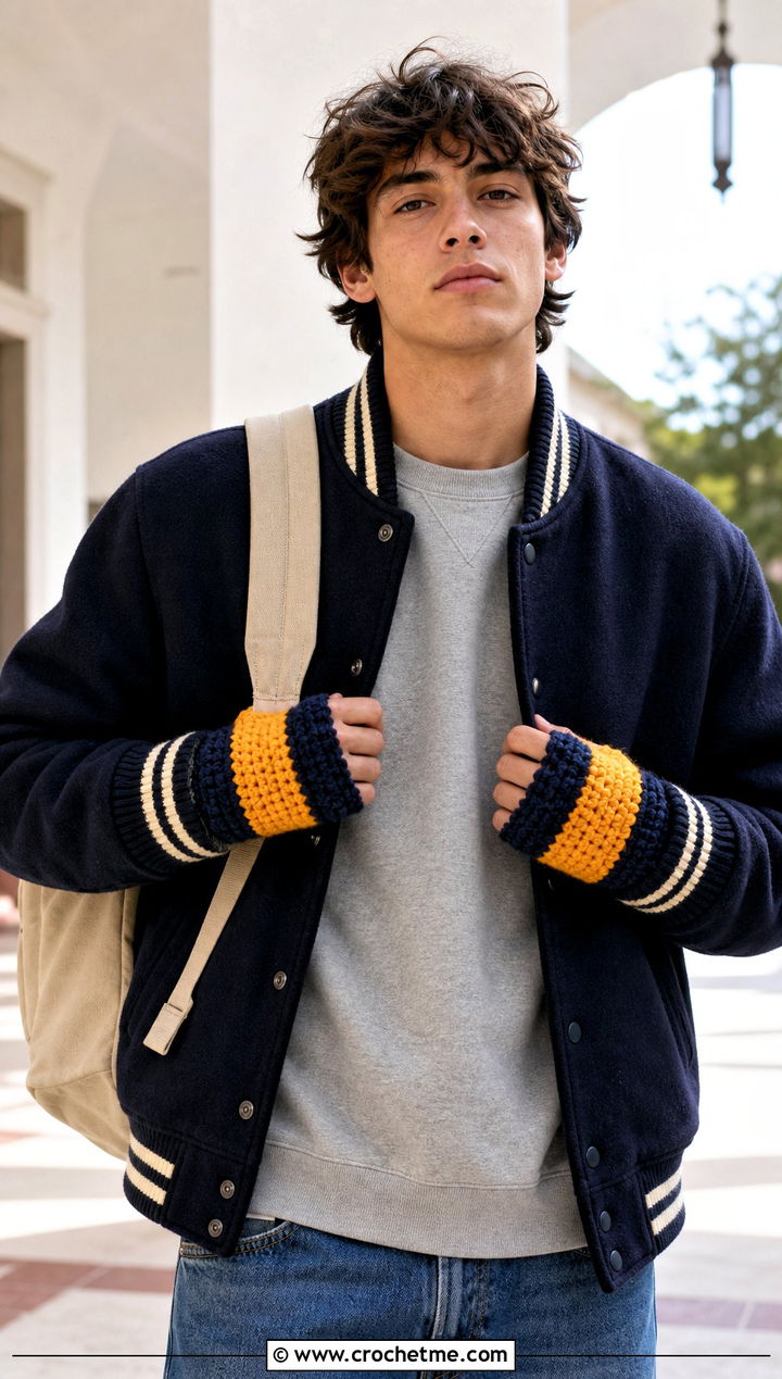 Striped Crochet Wrist Warmers With Varsity Jacket - 25 Crochet Mens Gloves outfit ideas