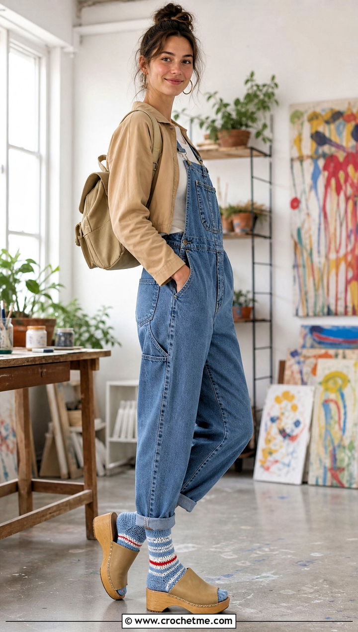 Striped Crochet Yoga Socks With Denim Overalls - 35 crochet yoga socks outfit ideas