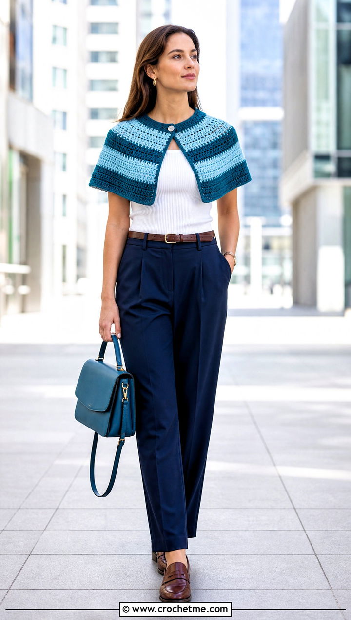 Striped Crocheted Capelet With Pleated Trousers - 25 Crocheted Capelet outfit ideas