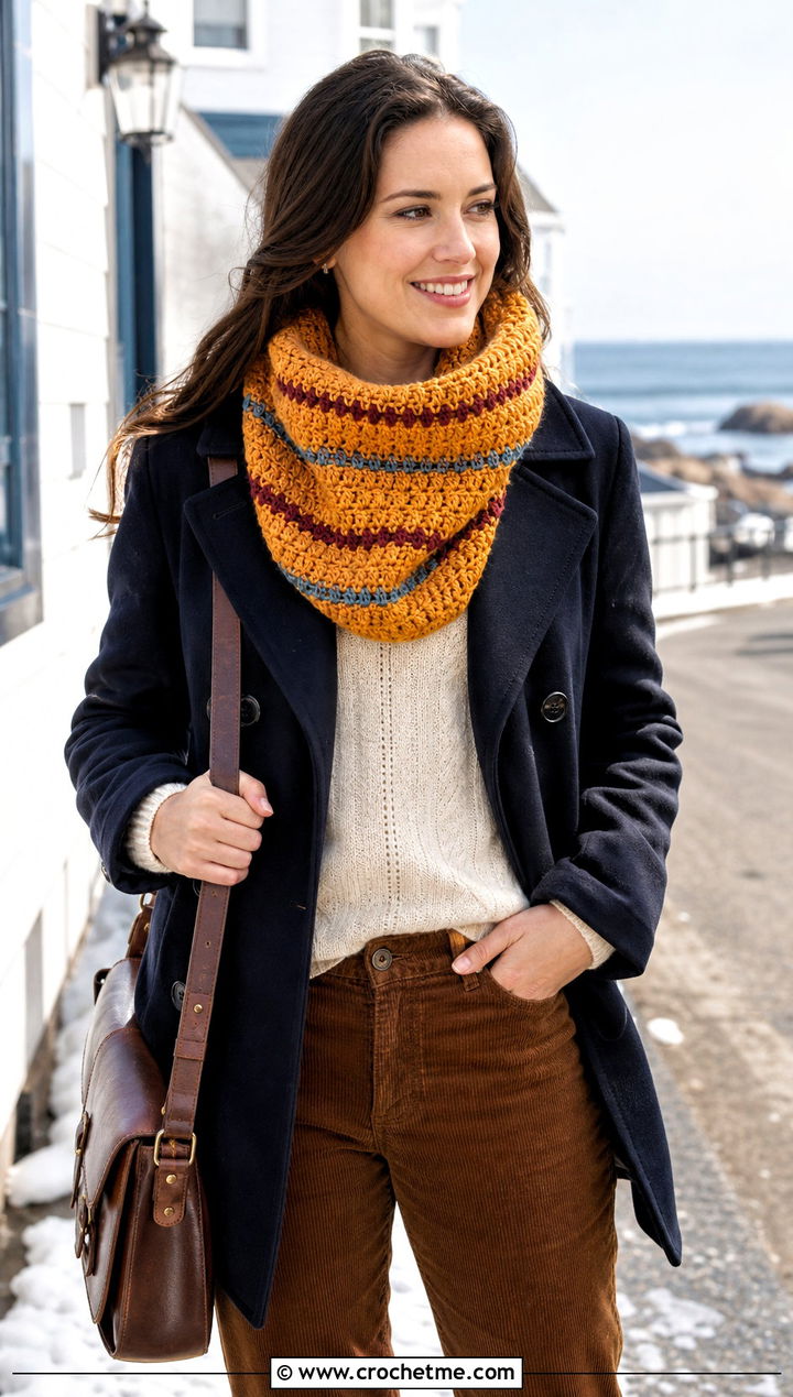 Striped Crocheted Cowl With Peacoat And Corduroy Pants - 25 Crocheted Cowl outfit ideas