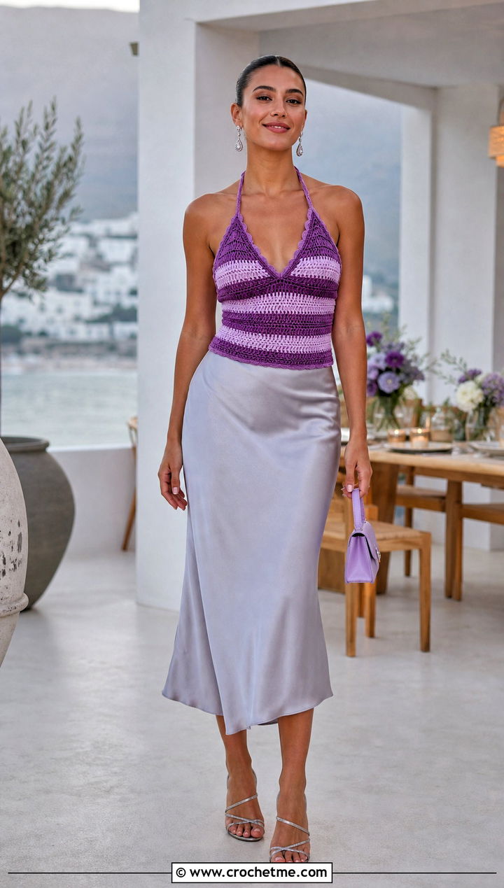 Striped Crocheted Halter Top With Satin Midi Skirt - 30 crocheted halter tops outfit ideas