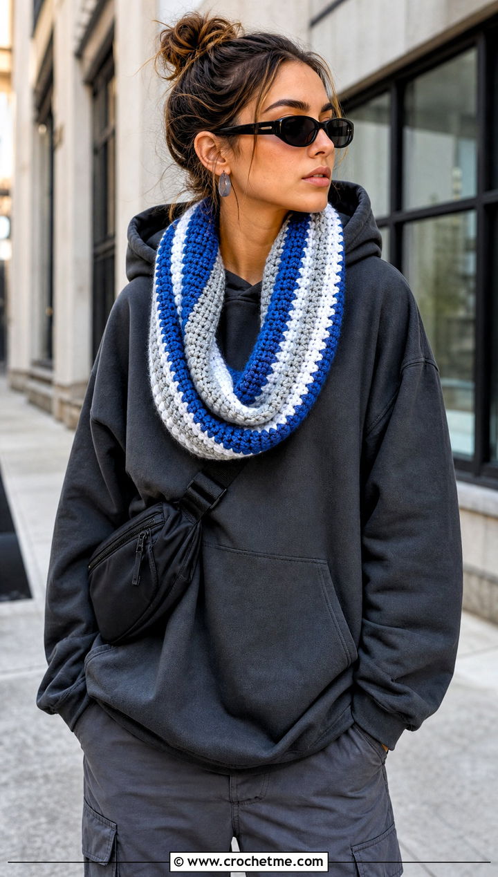 Striped Crocheted Infinity Scarf With Hoodie And Cargo Pants - 25 Crocheted Infinity Scarf outfit ideas